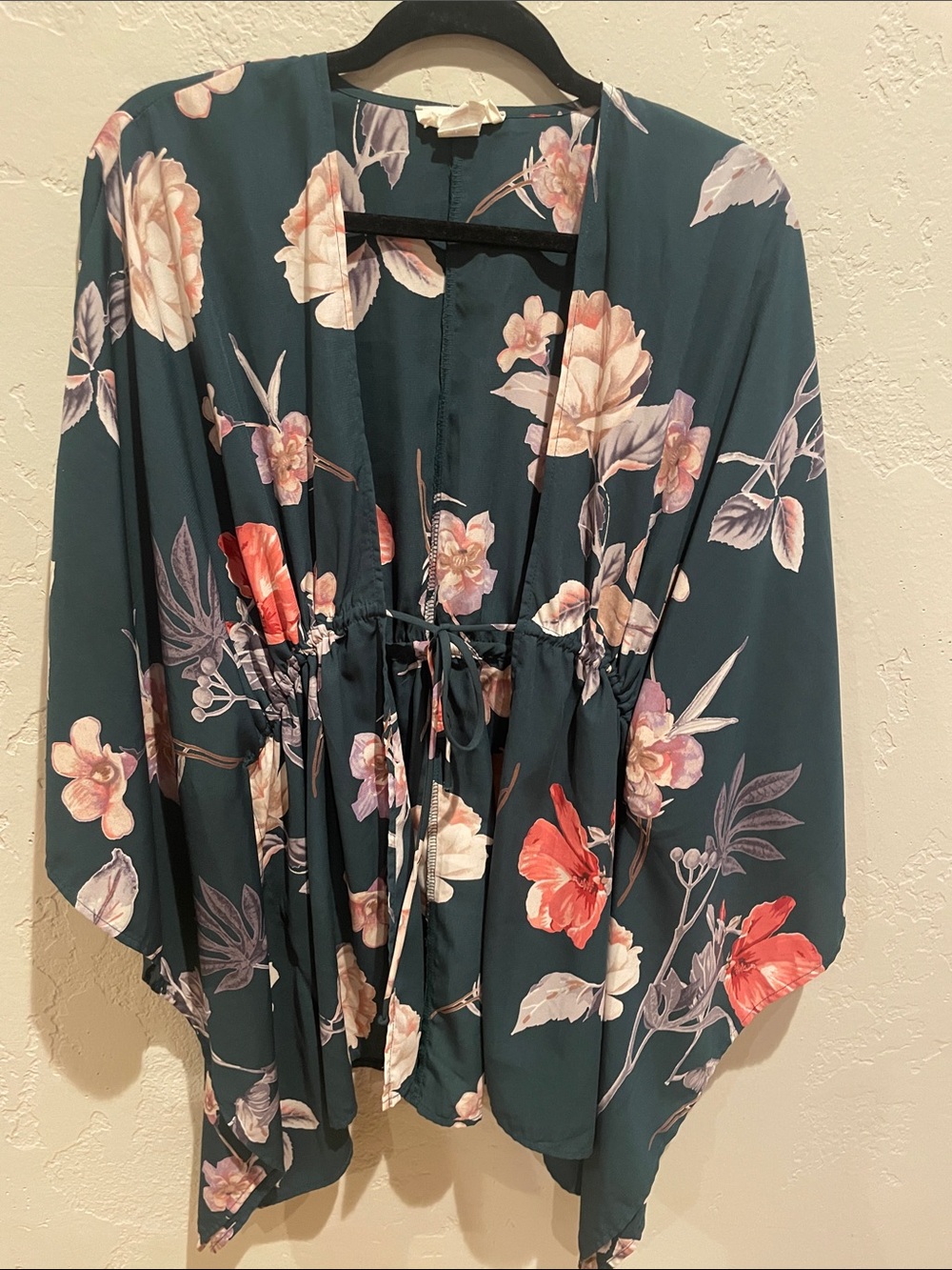 Dk Green Tie Waist Floral Kimono